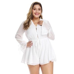 Plus White Swiss Dot Long Full Sleeve Romper